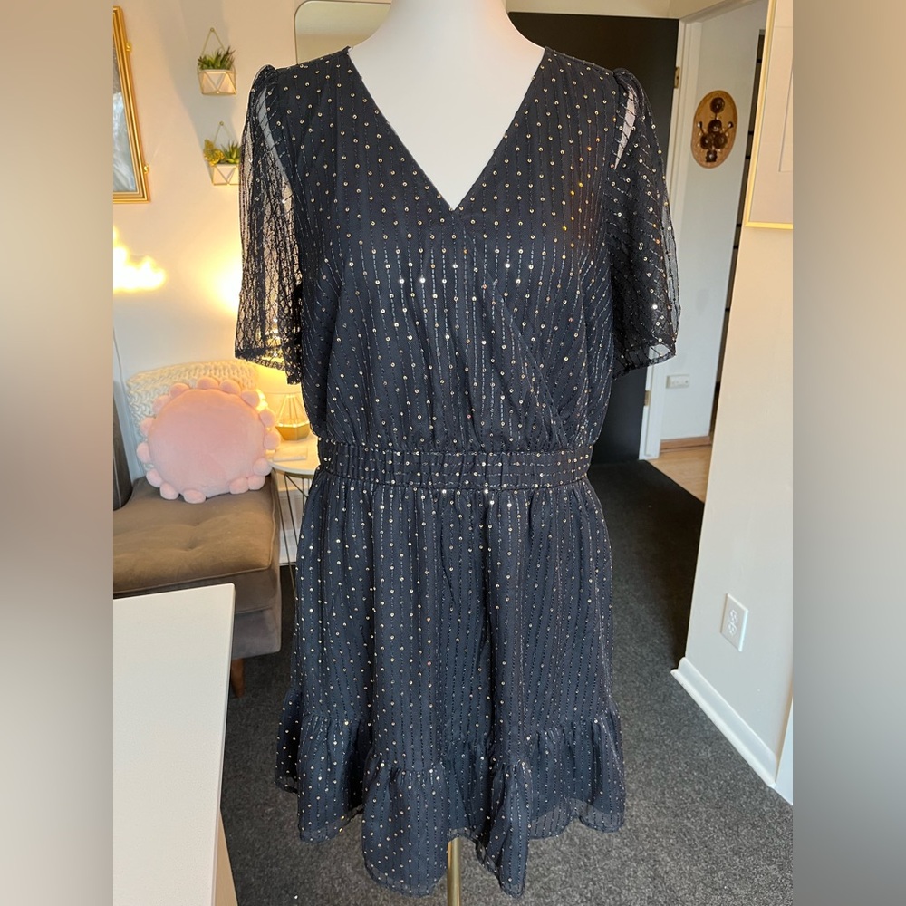 LOFT Black and Gold Sequin Flutter Sleeve Mini Dress